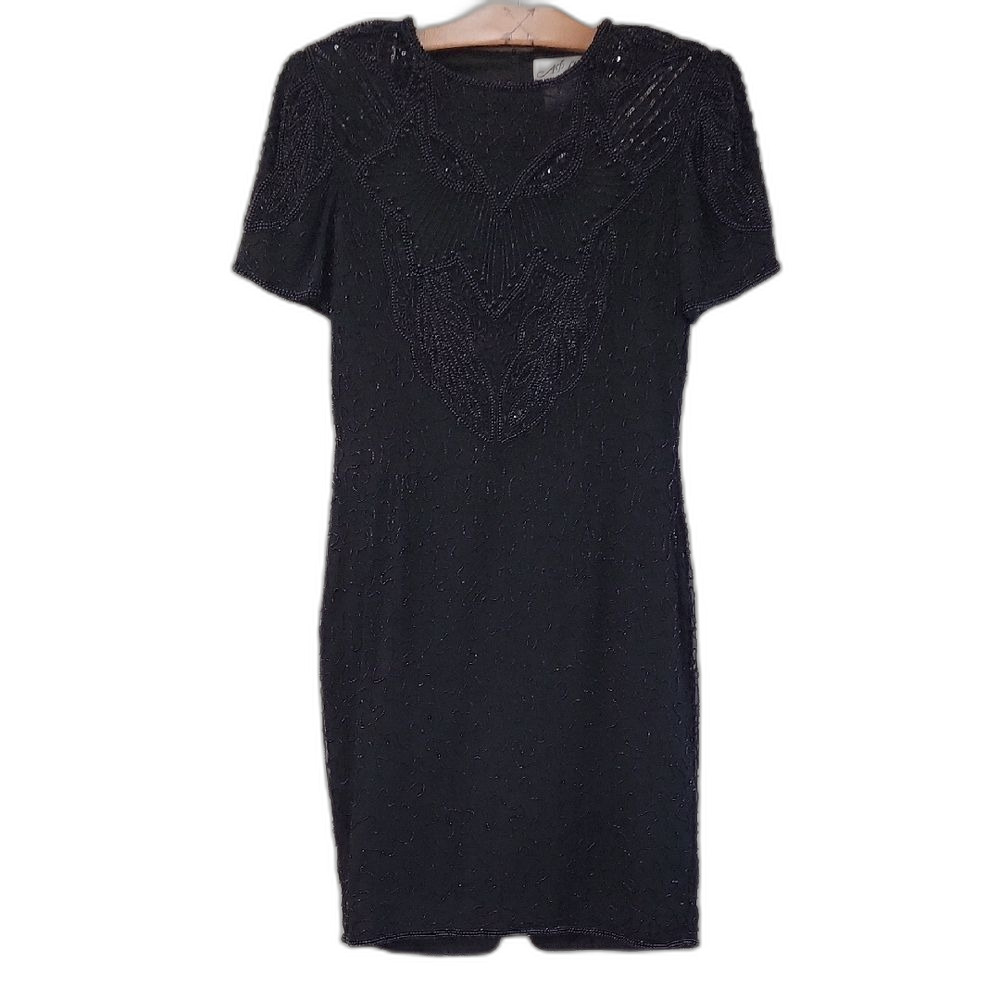 AP Ltd Beaded Fitted Mini Dress Black Silk Size 8 VTG Vintage
